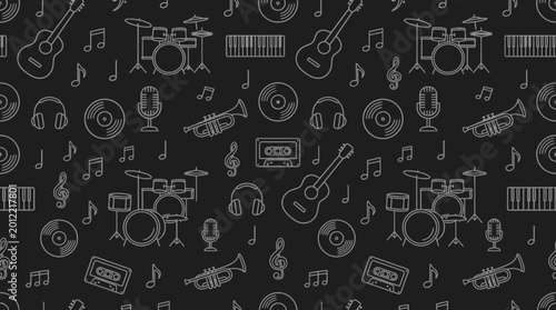 Seamless grayscale music pattern featuring instruments and icons.