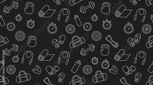Pattern of gym and fitness equipment icons on a dark background for sports design.