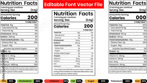 Editable nutrition facts labels template for food packaging and health information
