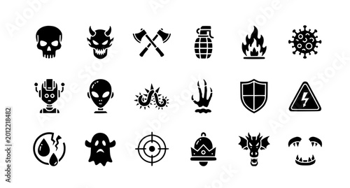 Foto Enemy glyph icons vector collection with solid black danger symbols for games an