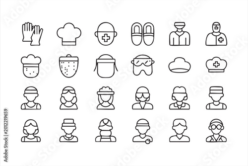 Canvas Print Black line protective gear symbols featuring masks, gloves, goggles, face shield