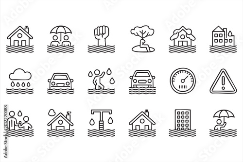 Black line flood risk symbols featuring homes, cars, rain, rescue, alerts, buildings, and high water icons