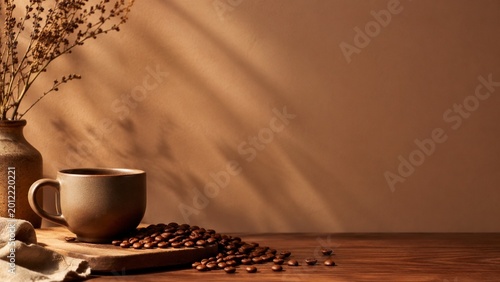 Warm coffee product scene with cup, beans and soft sunlight