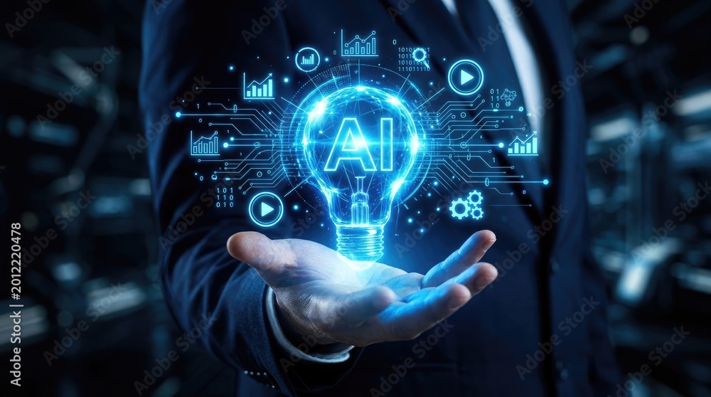 Fototapeta premium Person in dark suit holding glowing A I lightbulb with digital circuit graphics artificial