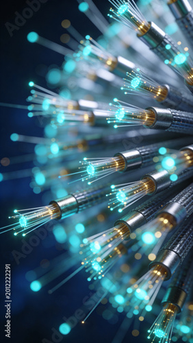 High speed fiber optic cables with glowing blue and gold light tips representing advanced data transfer and futuristic broadband network technology