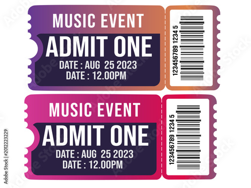 Φωτογραφία Music event tickets, admit one, concert tickets, festival passes, colorful vecto