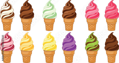 Bild auf Leinwand Set of soft serve ice cream cones with swirl textures in various flavors, colorf