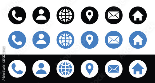 Modern Contact and Navigation Icon Set – Phone, User, Globe, Location, Email, Home Vector Collection