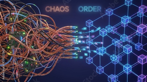 Chaos to Order Concept: Tangled Copper Wires Transforming into Structured Digital Cube Grid for Data Organization and Blockchain Technology