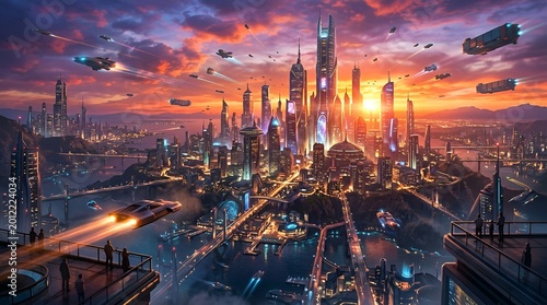 Futuristic cityscape at sunset with flying vehicles and towering illuminated skyscrapers science fiction sci fi city lights futuristic cityscape skyscrapers buildings architecture vehicles