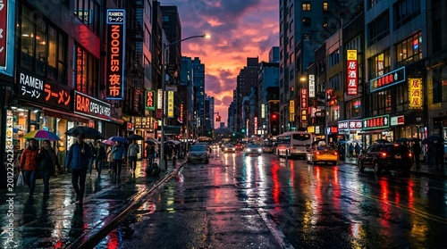 Rainy city street at night with neon signs and reflections urban life late night city lights night sky american city japan town asia city urban exploration reflections cityscape downtown