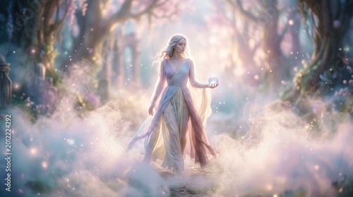 A woman in a flowing dress standing in a mystical, ethereal forest with a glowing orb in her hand.