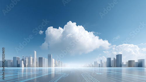 Futuristic city skyline with clouds and high-tech digital circuit patterns on reflective surface
