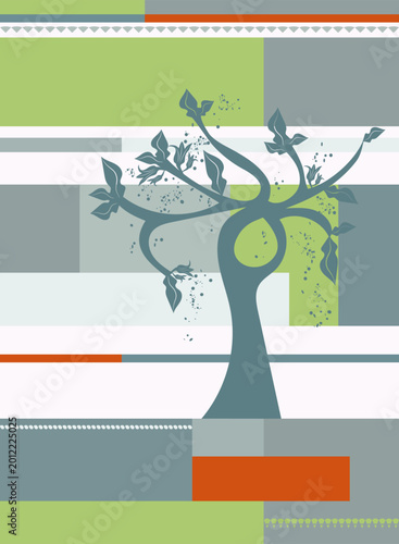 Wide stripes of green, gray, orange tones, on which a stylized tree with leaves is located.