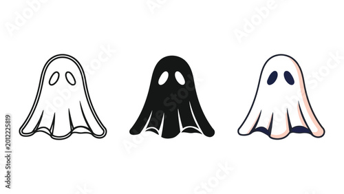 Fotografi Three ghost illustrations in different styles: outline, solid black, and colored
