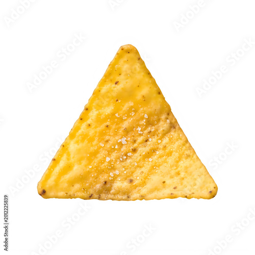 A single crispy corn tortilla chip sprinkled with salt isolated on a black background.