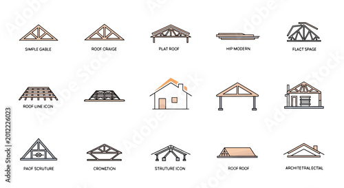 Collection of various roof truss designs and architectural house outlines showing different roof styles and structures.