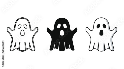 Foto Three cartoon ghosts in outline, solid black, and filled styles