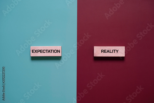 Expectation versus reality concept with wooden text blocks on contrasting backgrounds, symbolizing perception gap, business challenges, social media illusion and real life comparison