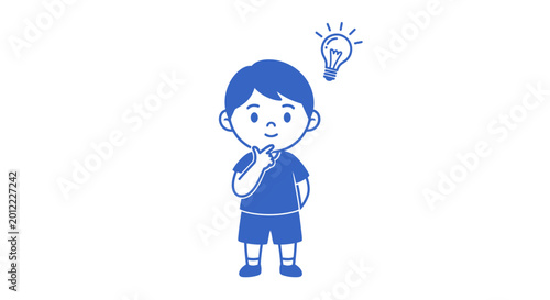 Boy Thinking With Light Bulb Idea.