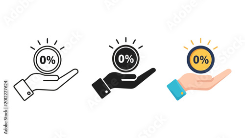 Photos Three vector illustrations of a hand holding a coin with 0% interest
