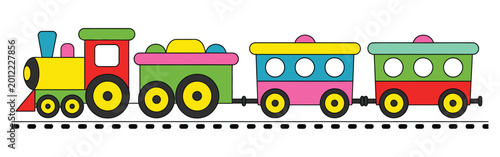 Photos Cartoon cute train and railway wagons on rails vector illustration for playful t
