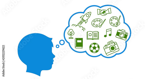 Photography Blue silhouette head with thought bubble.