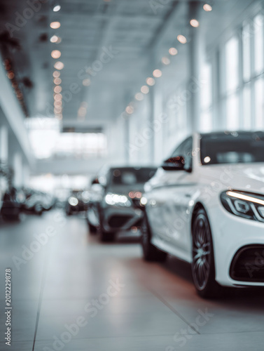 Luxury sedans displayed in a modern bright showroom with large windows and ambient lighting creating an elegant atmosphere for car buyers and enthusiasts