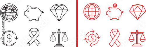 Foto Vector line art icon set featuring global finance, wealth, social issues, and le