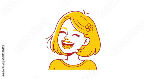 Foto Happy blonde woman laughing with flower in short hair illustration