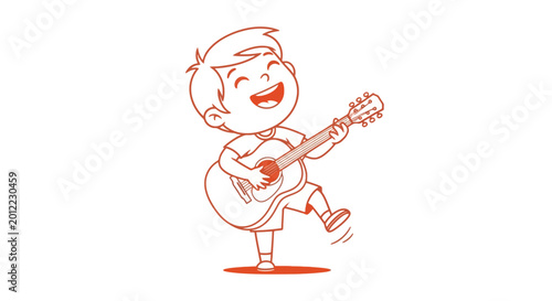 Photos Happy little boy playing guitar.