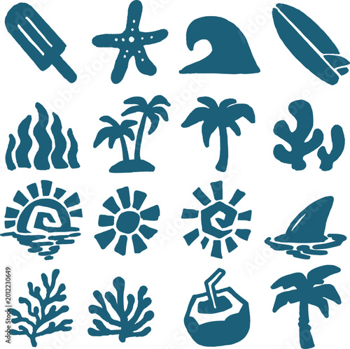 Summer Tropical Beach Doodle Icon Set Hand Drawn Vector Illustration