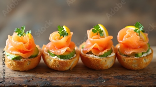 Gourmet smoked salmon canapes with avocado and lemon, rustic wood table