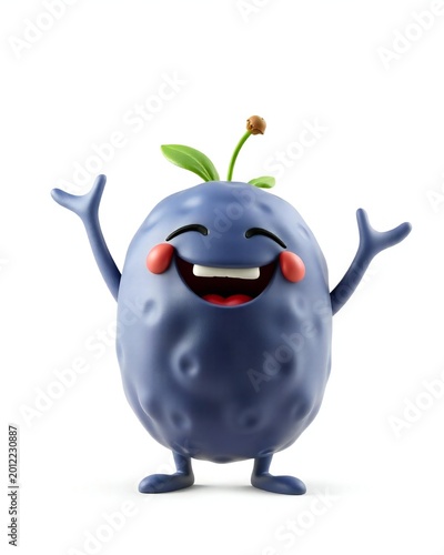 Happy blueberry character with arms raised in joy