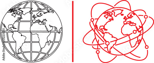 Vector illustration of two globe icons, one traditional outline and one modern connected network. Representing global communication, international business, and worldwide connectivity.