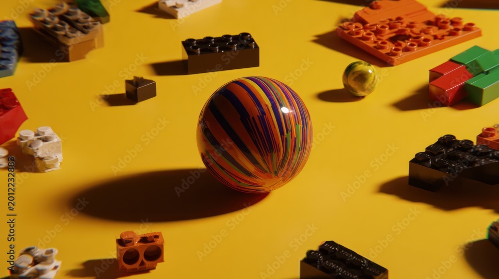 Fototapeta premium Colorful Ball and Toy Building Blocks on Yellow Background.