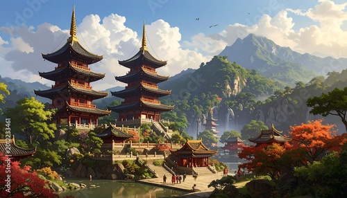 A scenic vista depicts traditional East Asian pagodas surrounded by nature's beauty lush trees, mountains, and a serene lake