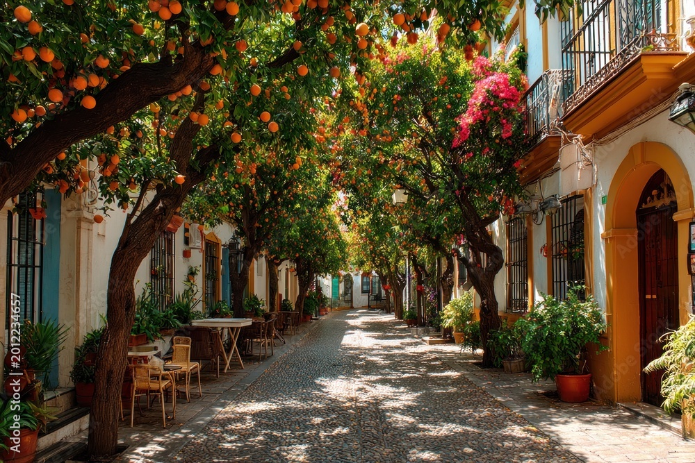Obraz premium Charming cobblestone alley lined with orange trees and flowering bushe