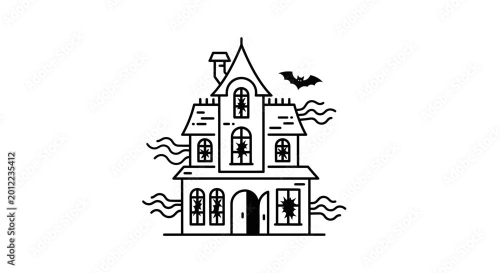 Obraz premium Spooky Haunted House with Bat and Wavy Lines - Minimalist Line Art
