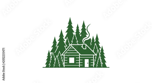 Bild auf Leinwand Green cabin in the woods illustration.