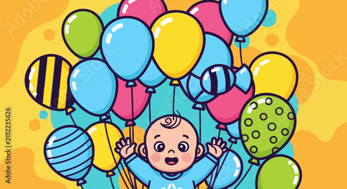 Tableau sur toile Happy baby with colorful balloons rising.