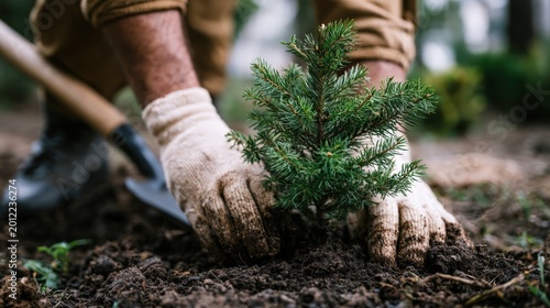 Environmental sustainability action with person planting tree in green public park