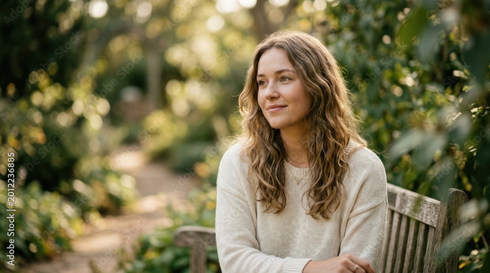 Obraz premium A young woman with long, wavy hair sitting on a wooden bench in a lush, green garden, surrounded by trees and bushes.