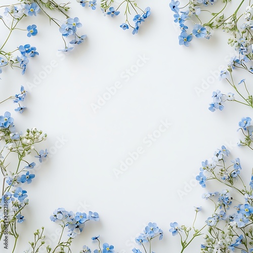 Delicate Blue Forget-Me-Not Flowers Frame a White Background.
