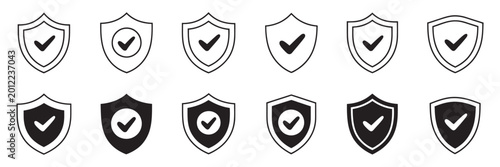 Security shield icon set artwork featuring protective shields, verified check marks, lock symbols, safety assurance graphics, and minimalist vector illustration style