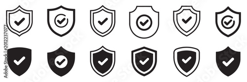 Fotografie Security shield icon set artwork featuring protective shields, verified check ma