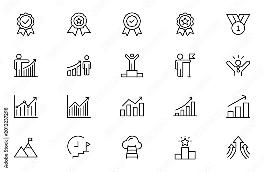 Fototapeta premium Growth and Success Line Icon Set for Achievement, Business Progress, Leadership, Profit, Career Development and Goal Reaching Outline Vector Collection