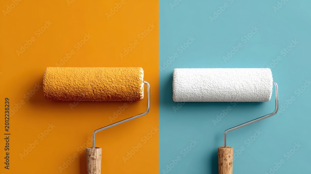 Fototapeta premium Two paint rollers positioned side by side with one covered in vibrant orange paint and the other in crisp white against contrasting color-split background showcasing