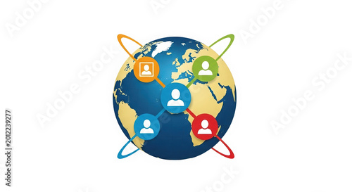 A vector graphic of a globe with people icons connected around it isolated on transparent background