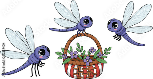 Schilderij op canvas Cute Dragonfly Illustrations with Flower Basket Featuring Playful Dragonflies fo